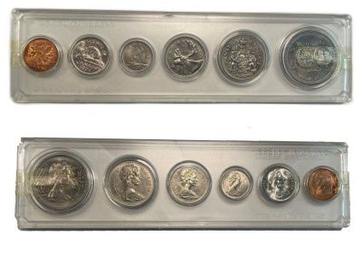 Канада официальный набор из 6 монет (1, 5, 10, 25 и 50 пенсов; 1 доллар) 1974 в оригинальной упаковке, 100 лет городу Виннипег KM 59, 60.1, 77, 62b, 75.1 и 88 UNC 2-5-2-21