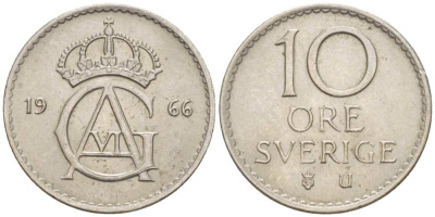 Швеция 10 эре 1966 U, Густав VI Адольф (1950-1973) KM 835 медно-никель 4516-438