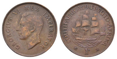 ЮАР 1 пенни 1941 Георг VI (1936-1952) KM 25 бронза 4572-633