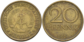 ГДР 20 пфеннигов 1969 А, первый год KM 11 латунь 4571-633
