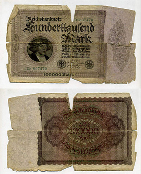 Германия 100000 марок 1923 1 февраля 1923, без Т под портретом Pick 83a бумага 8610-14-1-2