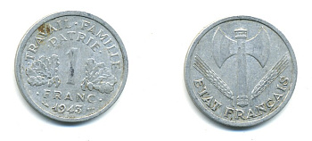 ФРАНЦИЯ 1 ФРАНК 1943 LB, ТИП LEGERE, ПРАВИТЕЛЬСТВО ВИШИ KM 902.1, LE FRANC 223.3 алюминий 80-633