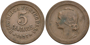 Португалия 5 сентаво 1927 KM 572 бронза 68-256