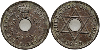 Нигерия 1 пенни 1959 Елизавета II (1952-), Британский протекторат KM 2 бронза 51-257