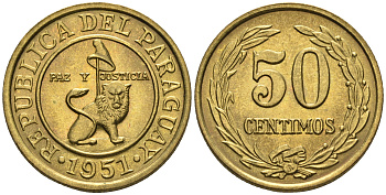 Парагвай 50 сентимо 1951 лев, фригийский колпак на шесте KM 24 алюминиевая бронза  aUNC  4177-613