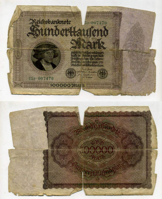 Германия 100000 марок 1923 1 февраля 1923, без Т под портретом Pick 83a бумага 8610-14-1-2