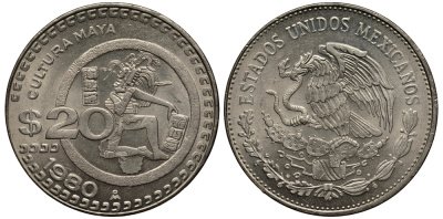 МЕКСИКА 20 ПЕСО 1980 КУЛЬТУРА МАЙЯ KM 486 медно-никель XF-UNC 118-933