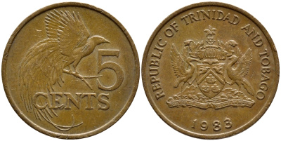 Тринидад и Тобаго 5 центов 1983 райская птица KM 30 бронза 4398-135