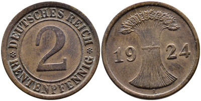 ГЕРМАНИЯ 2 РЕНТЕНПФЕННИГА 1924 A KM 31, J.307 бронза 4387-1132