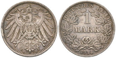 Германия 1 марка 1914 A Weege 18, J. 17, KM 14 серебро 4591-925