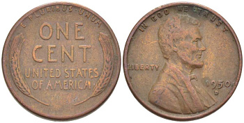 США 1 ЦЕНТ 1950 D, ЛИНКОЛЬН KM А132 медь цинк 218-543