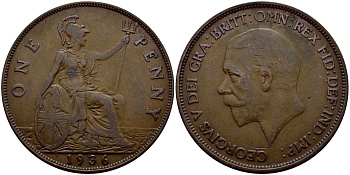 Великобритания 1 пенни 1936 Георг V (1910-1936) KM 838, Spink 4055 бронза 540-426