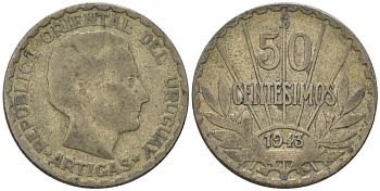 Уругвай 50 сентесимо 1943 KM 31 серебро 4606-1235