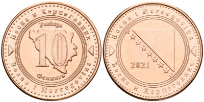 Босния и Герцеговина 10 фенигов 2021 KM 115 сталь плакированная медью UNC 4602-1021