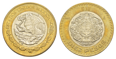 Мексика 10 песо 2023 Мо, бог Тонатиуха с огненной маской KM 616 биметалл UNC 4637-742