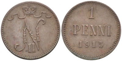 РОССИЯ ДЛЯ ФИНЛЯНДИИ 1 ПЕННИ 1915 НИКОЛАЙ II KM 13, Биткин 475 медь 261-1155