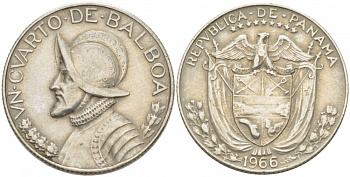 Панама 1/4 бальбоа 1966 Васко Нуньес де Бальбоа KM 11a медь плакированная медно-никелем 259-943