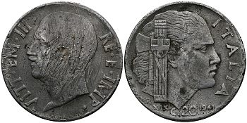 ИТАЛИЯ 20 ЧЕНТЕЗИМО 1941 R, ВИКТОР ИМАНУИЛ, XIX ГОД KM 75b нержавеющая сталь 98-136