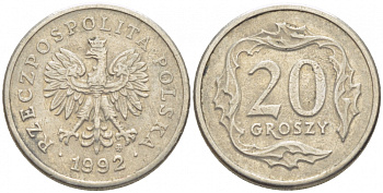 ПОЛЬША 20 ГРОШЕЙ 1992 MW KM 280 медно-никель 112-1249