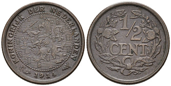 Нидерланды 1/2 цента 1914 Вильгельмина (1890-1948) KM 138 бронза 4576-356