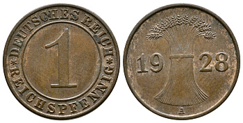 ГЕРМАНИЯ 1 РЕЙХСПФЕННИГ 1928 A KM 37, J.313 бронза 4380-1148