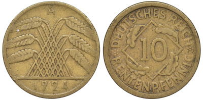 Германия 10 рентенпфеннигов 1924 A KM 33, J. 309 алюминиевая бронза 4604-641