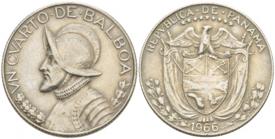 Панама 1/4 бальбоа 1966 Васко Нуньес де Бальбоа KM 11a медь плакированная медно-никелем 259-943