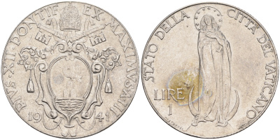 Ватикан 1 лира 1941 Пий XII, Дева Мария KM 26 a сталь UNC 63-856