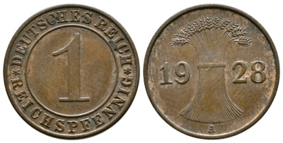 ГЕРМАНИЯ 1 РЕЙХСПФЕННИГ 1928 A KM 37, J.313 бронза 4380-1148