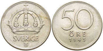 Швеция 50 эре 1943 G, Густав V (1907-1950) KM 817 серебро XF 119-1042