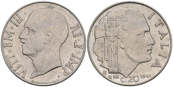 ИТАЛИЯ 20 ЧЕНТЕЗИМО 1941 R, ГОД XIX, ВИКТОР ЭММАНУИЛ III (1900-1946) KM 75b, VEM3. 1028 нержавеющая сталь 3853-544