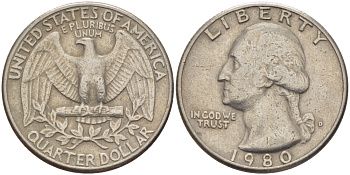 США 25 центов (квотер) 1980 D, Вашингтон KM А164а медь плакированная медно-никелем 31-734
