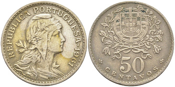 Португалия 50 сентаво 1961 голова Свободы вправо KM 577 медно-никель 219-852