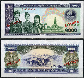 Лаос 1000 кипов 1998 пагода Пха Тхат Луанг, быки, образец, Specimen Pick 35 a s  бумага  UNC (пресс) 451-207-1-1