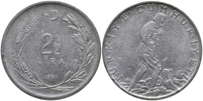 ТУРЦИЯ 2 1/2 ЛИРЫ 1961 KM 893.1 нержавеющая сталь 29-1024