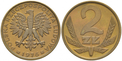 Польша 2 злотых 1976 Ленинградский монетный двор (ЛМД) KM 80.1, Parchimowicz 217b латунь 112-822