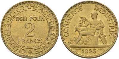 ФРАНЦИЯ 2 ФРАНКА 1925 ТИП CHAMBRES DE COMMERCE KM 877, LE FRANC 267.7 алюминиевая бронза 69-1225