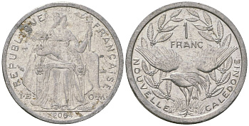 Французская Новая Каледония 1 франк 2004 птица кагу, (IEOM) KM 10, Schoen 10, Lec 52i алюминий 51-156