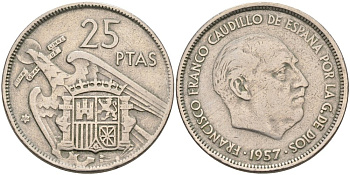 Испания 25 песет 1957 (64) Франциско Франко (1939-1975) KM 787 медно-никель 4574-435