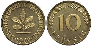 ФРГ 10 пфеннигов 1969 G KM 108, J.383 сталь плакированная латунью PROOF 1099-4-32