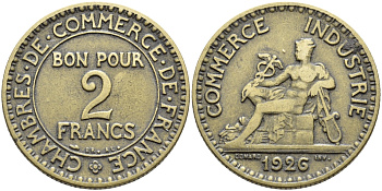 ФРАНЦИЯ 2 ФРАНКА 1926 KM 877 алюминиевая бронза 3334-846