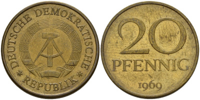 ГДР 20 пфеннигов 1969 A, первый год KM 11 латунь 92-746