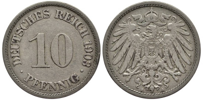 Германия 10 пфеннигов 1903 A KM 12, Jager 13, Weege 8 медно-никель 219-354