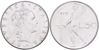ИТАЛИЯ 50 ЛИР 1979 R, КУЗНЕЦ KM 95.1 нержавеющая сталь 4523-711