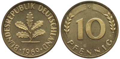 ФРГ 10 пфеннигов 1969 G KM 108, J.383 сталь плакированная латунью PROOF 1099-4-32