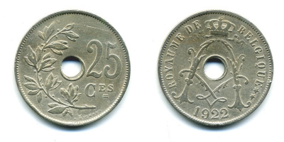Бельгия 25 сантимов 1922 Belgique KM 68.1 медно-никель 57-221