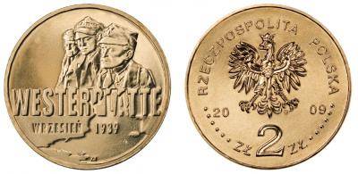 Польша 2 злотых 2009 MW, оборона Вестерплатте в сентябре 1939 года KM 694 латунь UNC M18-08