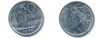 Бразилия 50 сентаво 1975 голова свободы влево KM 580a, Schon 85a нержавеющая сталь UNC 86-1044