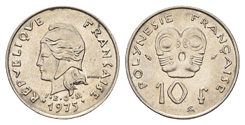 Французская Полинезия 10 франков 1975 KM 8 никель aUNC 177-233