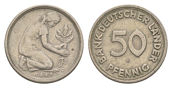 ФРГ 50 пфеннигов 1949 F KM 104, J. 379 медно-никель 4636-825